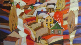 Peinture colorée représentant un village rural avec maisons, arbres et clocher sous un ciel aux tons rouges et orangés.