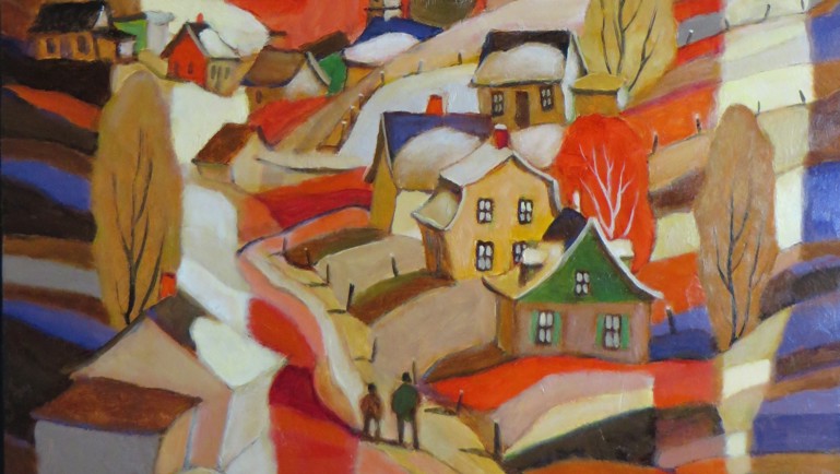 Peinture colorée représentant un village rural avec maisons, arbres et clocher sous un ciel aux tons rouges et orangés.