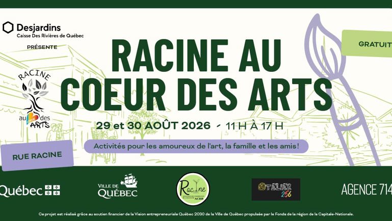 Affiche « Racine au cœur des arts », événement gratuit les 29 et 30 août 2026 sur la rue Racine, activités artistiques pour toute la famille.