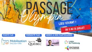 Affiche « Passage Olympia », lieu vivant du 3 au 31 juillet, avec scène extérieure et mur coloré.