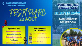 Affiche du Festi-Parc au parc Robert‑Légaré le 22 août, avec activités familiales, spectacles, restauration et tournoi de balle.