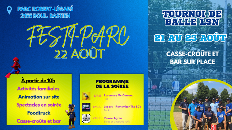 Affiche du Festi-Parc au parc Robert‑Légaré le 22 août, avec activités familiales, spectacles, restauration et tournoi de balle.