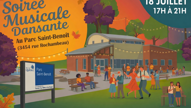 Affiche soirée musicale dansante, 18 juillet 17 h à 21 h au parc Saint‑Benoît, ambiance festive extérieure.
