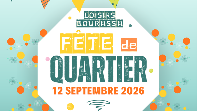 Affiche de la Fête de quartier de Loisirs Bourassa, le 12 septembre 2026, avec activités familiales gratuites et jeux gonflables.