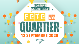 Affiche de la Fête de quartier de Loisirs Bourassa, le 12 septembre 2026, avec activités familiales gratuites et jeux gonflables.