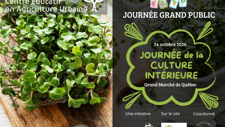 Journée de la culture intérieure au Grand Marché de Québec, 24 octobre 2026, avec pousses cultivées en bacs au premier plan.
