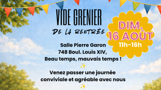 Affiche colorée annonçant un « Vide grenier de la rentrée » organisé par le Club FADOQ Les ainés du Trait-Carré. L’événement a lieu le dimanche 16 août de 11 h à 16 h à la salle Pierre Garon. L’affiche montre une scène extérieure festive avec fanions, tables d’objets usagés, théières, radio vintage et articles de maison dans un parc ensoleillé. Des informations sur les tables, les repas et les réservations sont inscrites au centre.