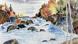 Peinture représentant une rivière rocheuse bordée d’arbres aux couleurs automnales sous un ciel clair.