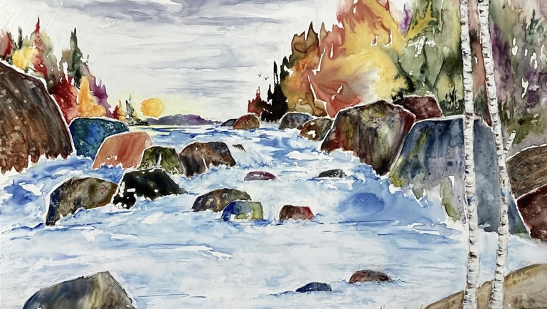 Peinture représentant une rivière rocheuse bordée d’arbres aux couleurs automnales sous un ciel clair.