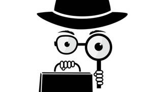 Illustration minimaliste en noir et blanc d’un personnage mystérieux : un chapeau de détective noir flotte au-dessus de grands yeux derrière des lunettes rondes, dont une lentille est remplacée par une loupe tenue devant l’œil droit. Une main agrippe la poignée d’une mallette noire. L’ensemble évoque un enquêteur ou un détective observant attentivement.