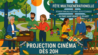 Affiche de fête multigénérationnelle au parc Saint‑Benoît le 29 août, avec projection cinéma dès 20 h et activités familiales.