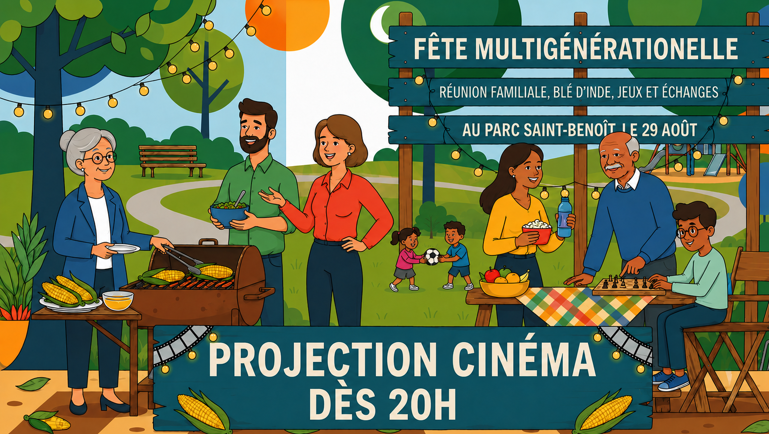 Affiche de fête multigénérationnelle au parc Saint‑Benoît le 29 août, avec projection cinéma dès 20 h et activités familiales.