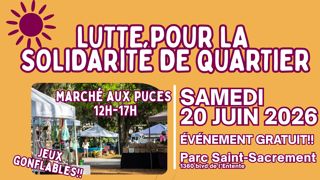 Lutte pour la solidarité de quartier. Samedi 20 juin 2026. Événement gratuit. Parc Saint-Sacrement. 1360 blvd de l'Entente. Jeux gonflables