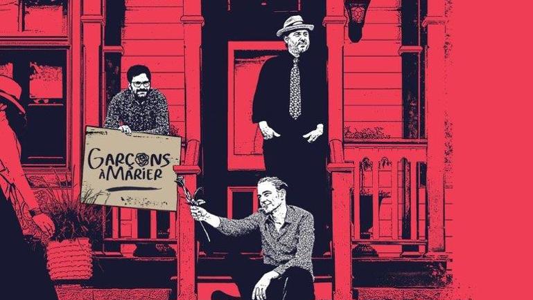 Image au style graphique en noir et rose montrant trois hommes devant une maison avec galerie. L’un tient une pancarte où l’on peut lire « Garçons à marier », tandis qu’un autre est assis sur les marches avec une fleur à la main. L’ensemble évoque une affiche artistique ou promotionnelle au style rétro et urbain.