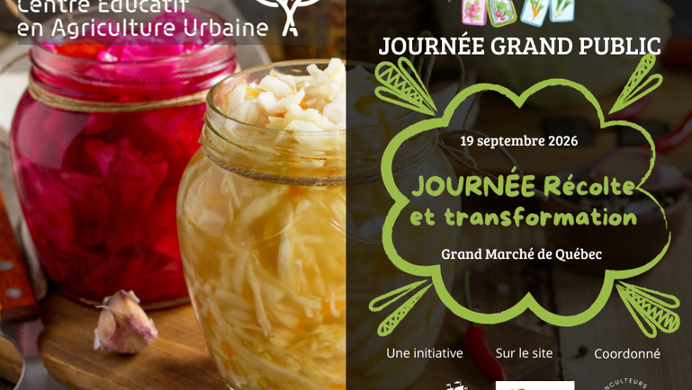 Journée Récolte et transformation au Grand Marché de Québec, 19 septembre 2026, avec bocaux de légumes fermentés en premier plan.