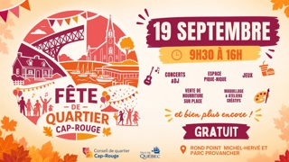 Affiche de la Fête de quartier de Cap‑Rouge, le 19 septembre 2026, avec spectacles, jeux, ateliers et pique‑nique gratuits.