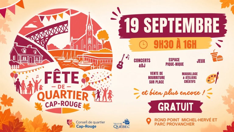 Affiche de la Fête de quartier de Cap‑Rouge, le 19 septembre 2026, avec spectacles, jeux, ateliers et pique‑nique gratuits.