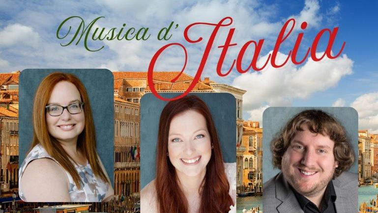 Affiche promotionnelle intitulée “Musica d’Italia” présentant trois portraits de chanteurs souriants devant une vue de canal à Venise avec gondoles et bâtiments italiens. Le texte mentionne “Airs, duos d’opéras italiens et chansons napolitaines”. Les couleurs vert, blanc et rouge rappellent le drapeau italien.