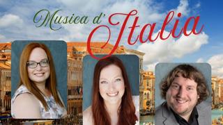 Affiche promotionnelle intitulée “Musica d’Italia” présentant trois portraits de chanteurs souriants devant une vue de canal à Venise avec gondoles et bâtiments italiens. Le texte mentionne “Airs, duos d’opéras italiens et chansons napolitaines”. Les couleurs vert, blanc et rouge rappellent le drapeau italien.