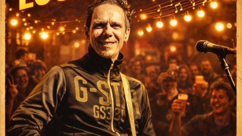 Affiche promotionnelle montrant un musicien souriant jouant de la guitare électrique devant une foule dans une ambiance festive. Des guirlandes lumineuses et des notes de musique décorent la scène aux tons orangés et chaleureux. Le texte “Le Party à Louis Dionne” apparaît en grand en haut de l’image.