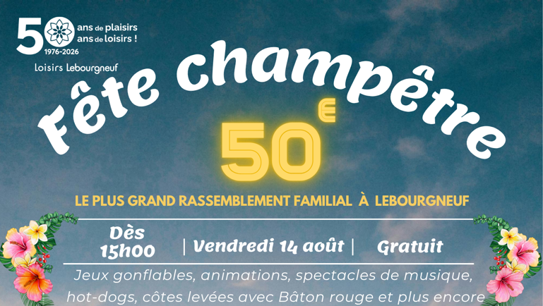 Affiche « Fête champêtre du 50e », 14 août dès 15 h, parc Jean‑Marc‑Gauthier, activités familiales et musique.