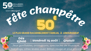 Affiche « Fête champêtre du 50e », 14 août dès 15 h, parc Jean‑Marc‑Gauthier, activités familiales et musique.