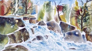 Peinture représentant un cours d’eau traversant des rochers, entouré d’arbres aux couleurs automnales.