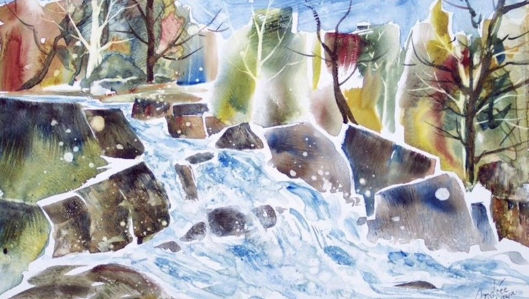 Peinture représentant un cours d’eau traversant des rochers, entouré d’arbres aux couleurs automnales.