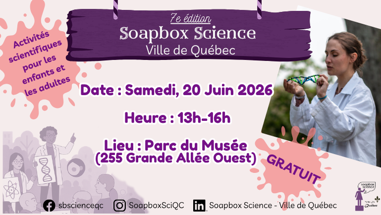 Soapbox science Ville de Québec. Samedi 20 juin 2026. 12 h à 16 h. Parc du Musée. 255 Grande Allée Ouest. Gratuit.