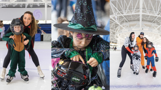 Montage photos montrant des personnes costumées patinant et participant à l'activité d’Halloween au Centre de glaces Intact Assurance.