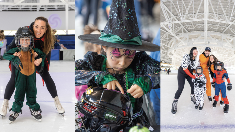 Montage photos montrant des personnes costumées patinant et participant à l'activité d’Halloween au Centre de glaces Intact Assurance.