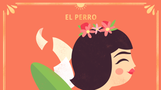 Illustration stylisée inspirée de Frida Kahlo sur fond corail. Une femme aux cheveux noirs ornés de fleurs porte un bouquet de grandes feuilles vertes et de fleurs blanches, avec un petit chien noir suspendu tête en bas parmi les plantes. Le texte “EL PERRO” apparaît en haut et “Hola Frida” en bas dans une typographie décorative.